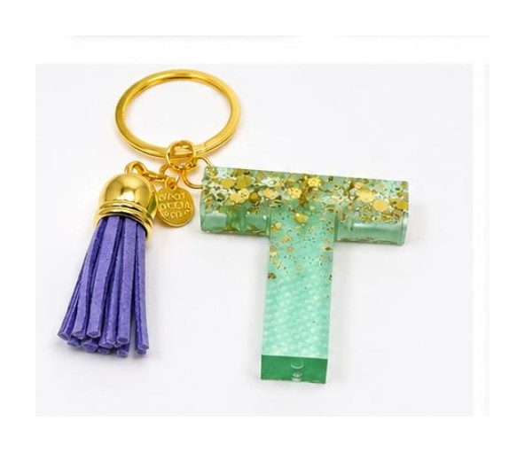 Emerald Green & Gold Letter Keychain